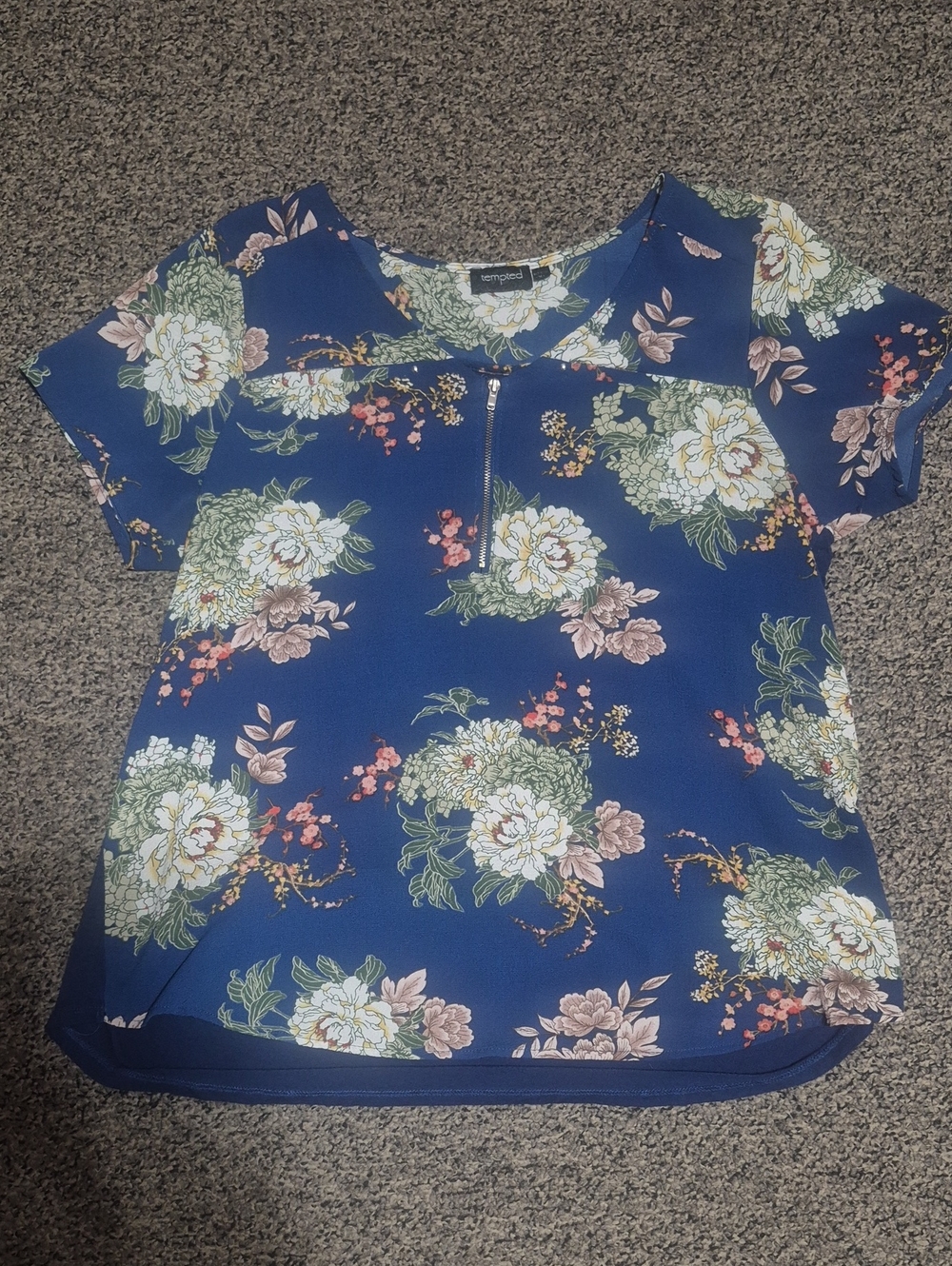 Tempted Blue Floral Zip-Neck Short Sleeve Blouse